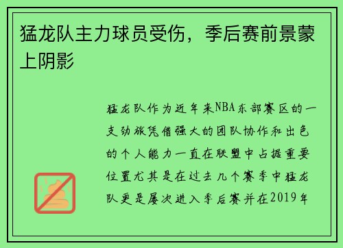 猛龙队主力球员受伤，季后赛前景蒙上阴影